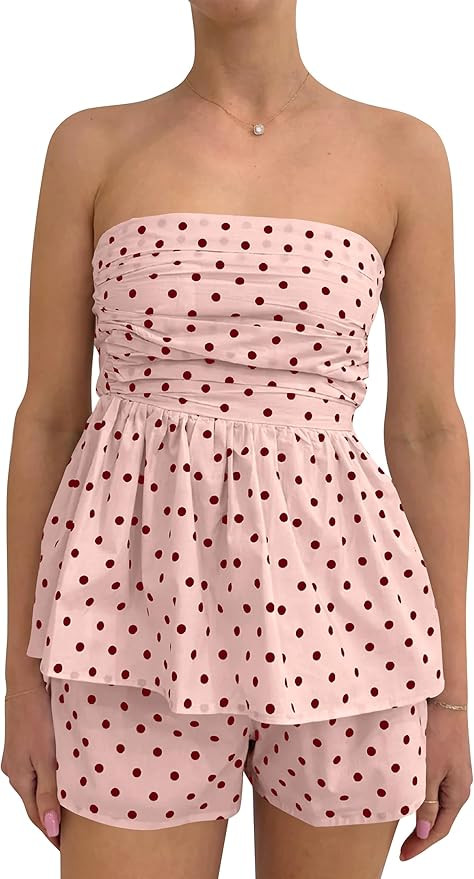 Polka Dot 2 Piece Lounge Sets for Women Summer Strapless Tube Top and Shorts Set Casual Beach Vac... | Amazon (US)