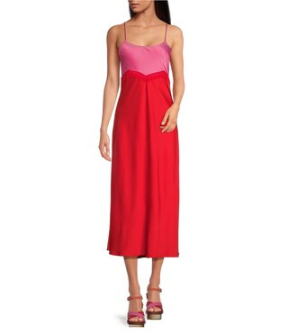 x DANNIJO Helena Satin Two-Tone Colorblock Scoop Neck Maxi Slip Dress | Dillard's