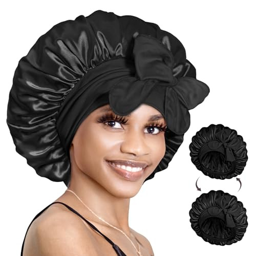 BONNET QUEEN Silk Bonnet for Sleeping Women Hair Bonnet Double Layer Satin Bonnet Tie Bonnet Sleep Satin Hair Wrap Night Cap For Curly Hair Black | Amazon (US)
