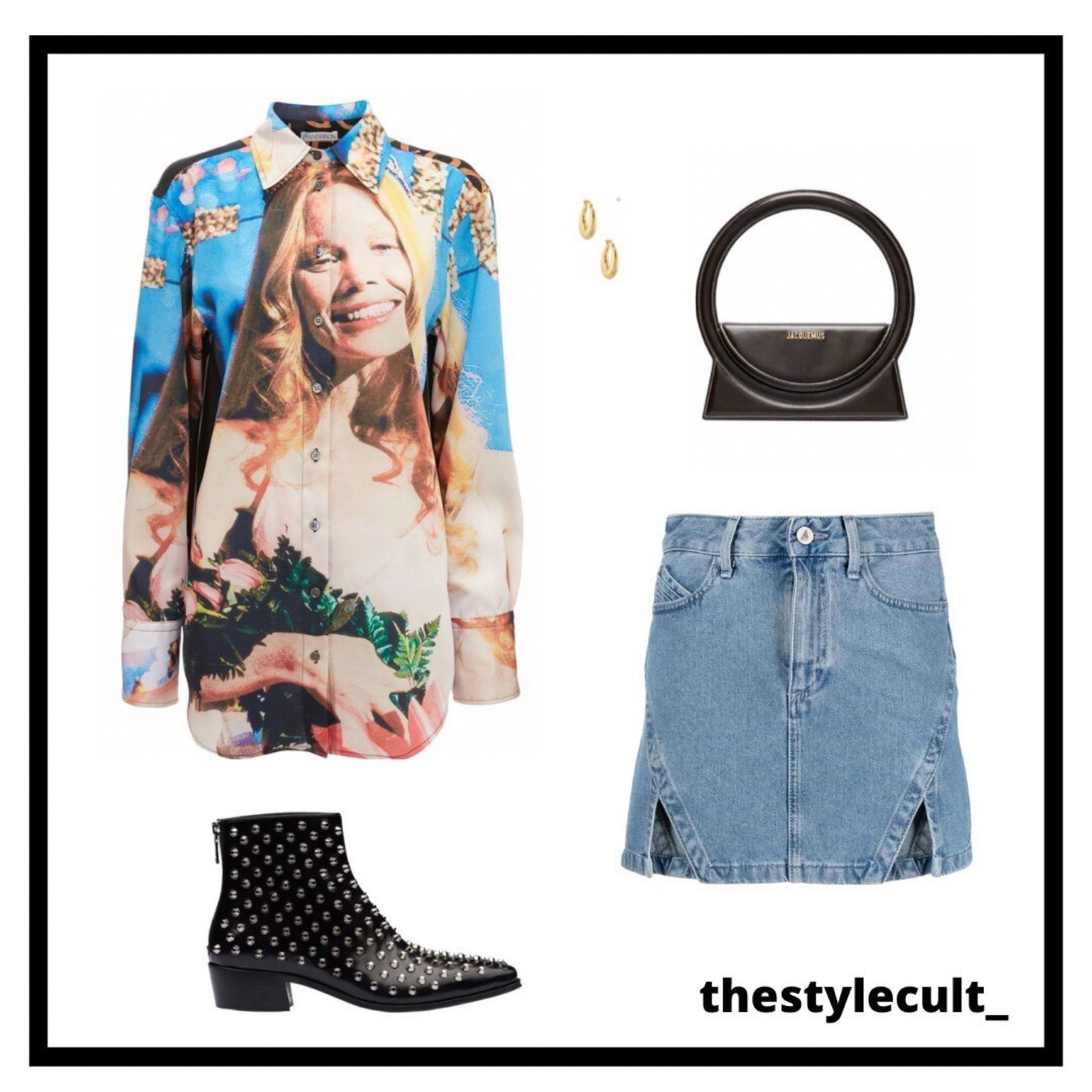 • jw anderson carrie print shirt | gold hoops | the attico denim skirt | prada ankle boots | jacquemus le sac rond tote bag

#LTKitbag #LTKSeasonal #LTKstyletip