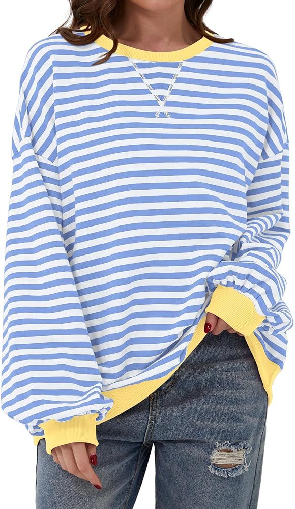 Women Oversized Striped Color Block Long Sleeve Crew Neck Sweatshirt Casual Loose Pullover Y2K Sh... | Amazon (US)