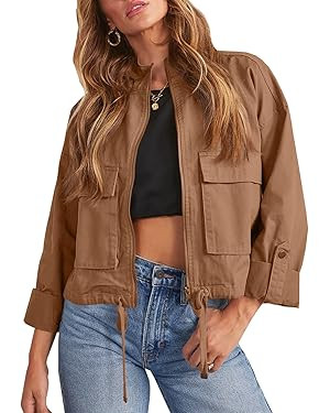 Tankaneo Women Casual Cropped Jackets Zip Up Lightweight Military Safari Short Utility Coat with ... | Amazon (US)