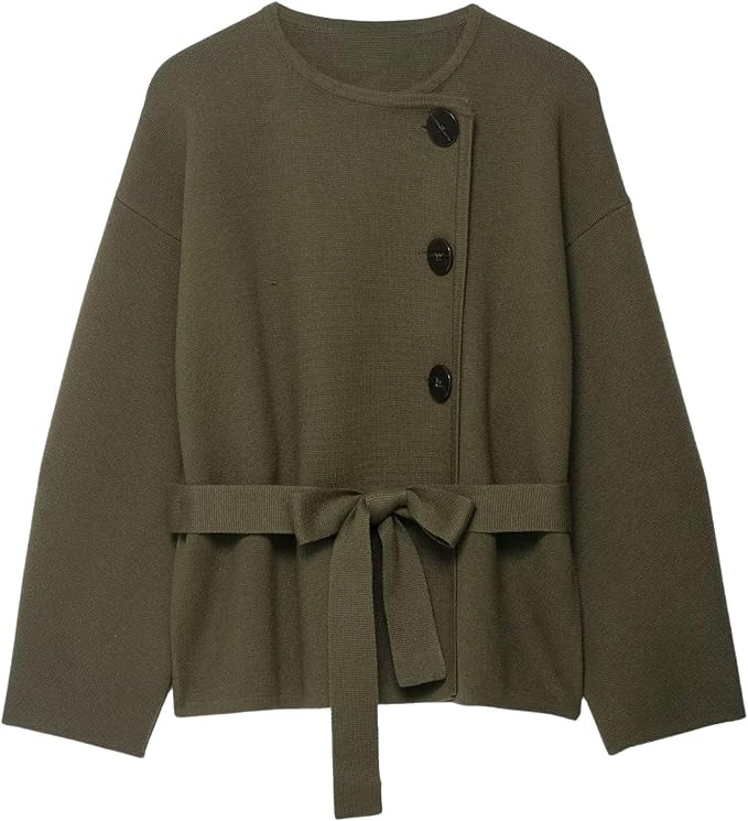 FindThy Women’s Belted Cardigan Sweater Trendy Crewneck Long Sleeve Button Down Solid Color Kni... | Amazon (US)