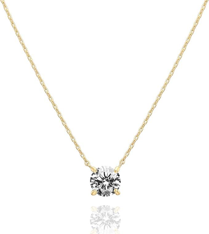 Amazon.com: PAVOI 14K Gold Plated Crystal Solitaire 1.5 Carat (7.3mm) CZ Dainty Choker Necklace |... | Amazon (US)