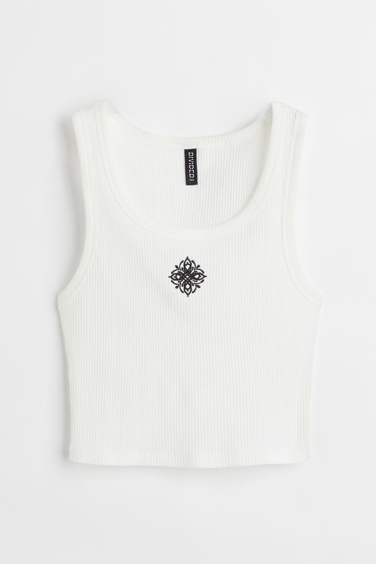 Ribbed embroidery-detail vest top | H&M (UK, MY, IN, SG, PH, TW, HK)