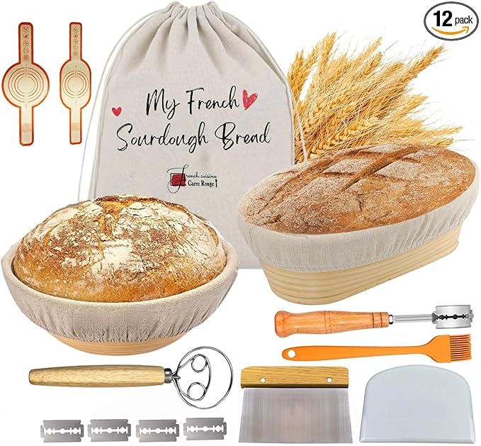 Banneton Bread Proofing Basket Set of 2,Sourdough Proofing Basket with dough whisk, Proofing Bowl... | Amazon (US)