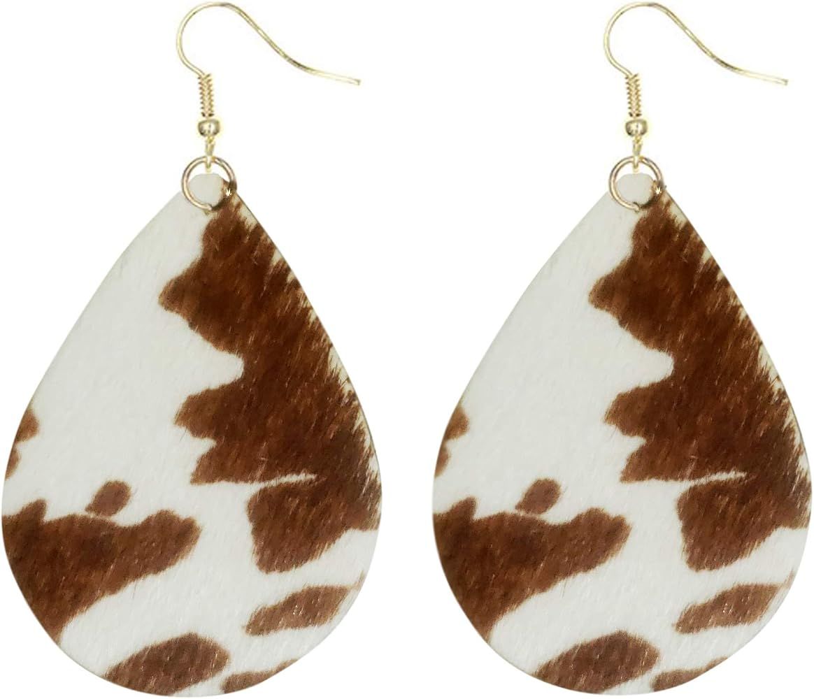 Kathaya Pure Genuine Leather Teardrop Hook Earrings Handmade Lightweight Floral Cow Print Earring fo | Amazon (US)