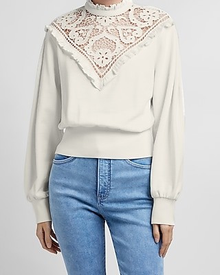 Ruffle Lace Mock Neck Sweatshirt | Express