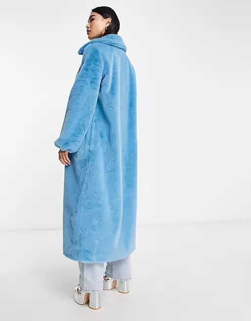 Something New x Emilia Silberg faux fur maxi coat with pointed collar in blue | ASOS (Global)