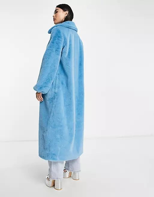 Something New x Emilia Silberg faux fur maxi coat with pointed collar in blue | ASOS (Global)