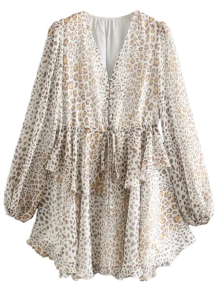 'Hazel' Leopard Print Button V-Neck Tie Waist Mini Dress | Goodnight Macaroon