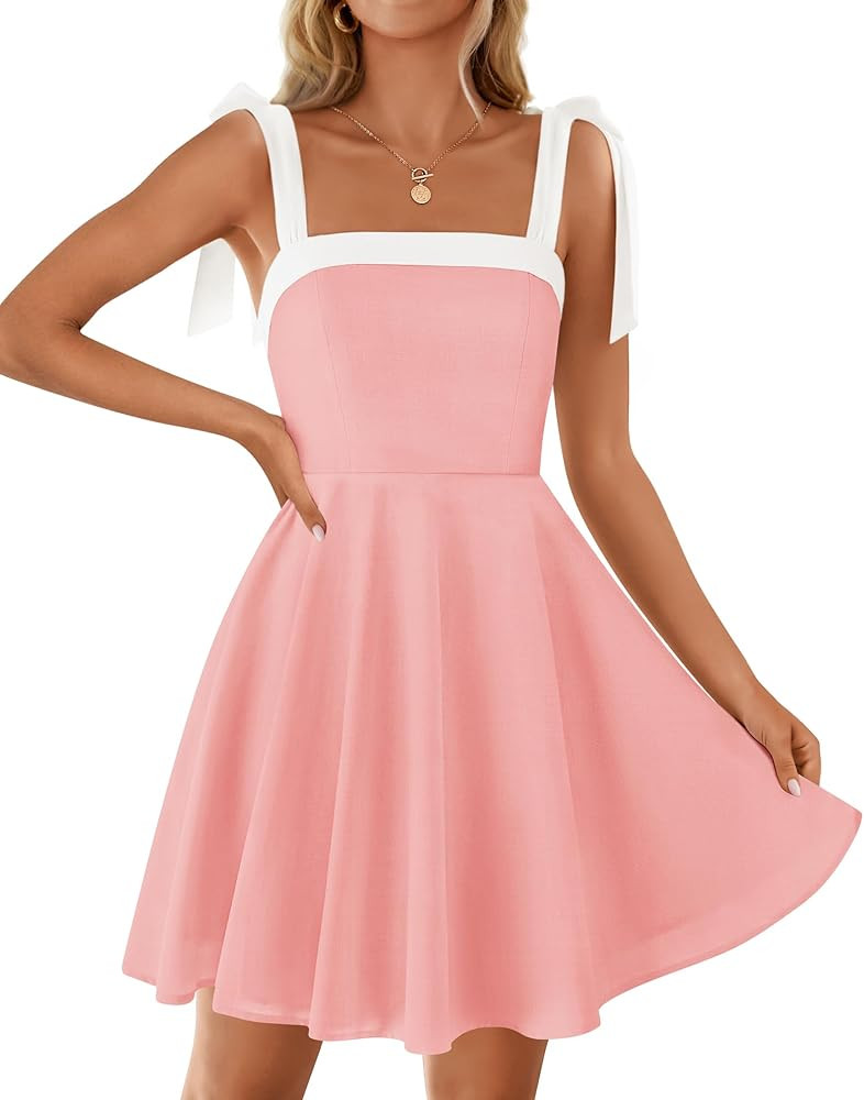 ZESICA Womens Summer Sleeveless Mini Dress Tie Shoulder Square Neck High Waist Swing A Line Short... | Amazon (US)