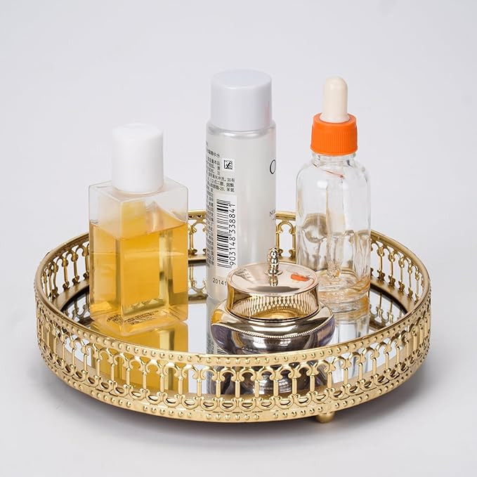 Gold Mirrored Vanity Tray for Bathroom Counter,Metal Decorative Jewelry Storage Tray Cosmetic Per... | Amazon (US)