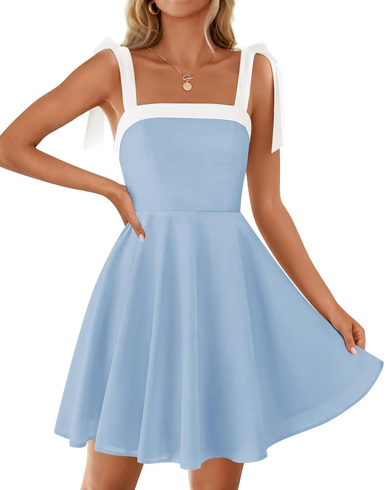 ZESICA Womens Summer Sleeveless Mini Dress Tie Shoulder Square Neck High Waist Swing A Line Short... | Amazon (US)