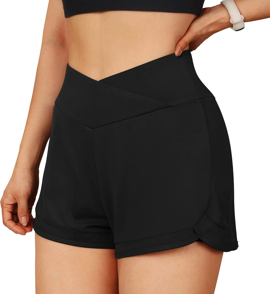 MOOSLOVER Women V Cross Waist Workout Shorts with Pocket High Waisted Gym Running Shorts | Amazon (US)