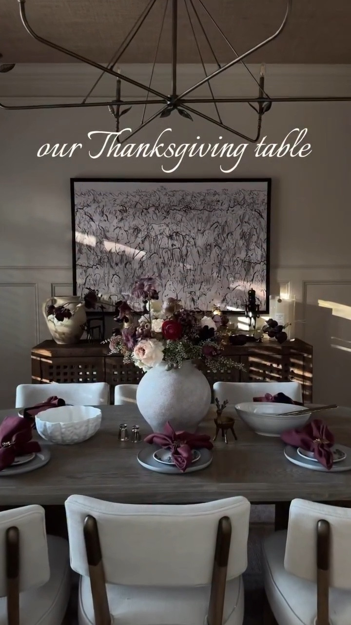 our Thanksgiving table is coming along I love it so much already!! Obviously need to add a few more things (and a few more plates lol) but …. Almost there!! What am I miiiisssing !?? My world famous baked Brie I know THAT 💅🏼 

Armchairs in classic chocolate velvet and classic gingham 
#thanksgiving #thanksgivingdinner #tablescapestyling