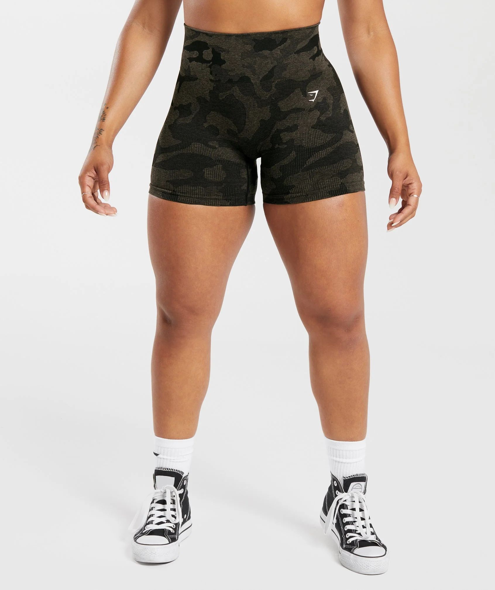 Gymshark Adapt Camo Seamless Ribbed Shorts - Black/Camo Brown | Gymshark CA
