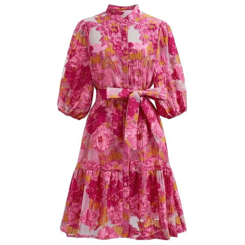 CHICWISH Women Floral Jacquard Mini Dress Puff Sleeves Mock Neck Button Garden Party Organza Casual Dress with Belt Hot Pink | Amazon (US)