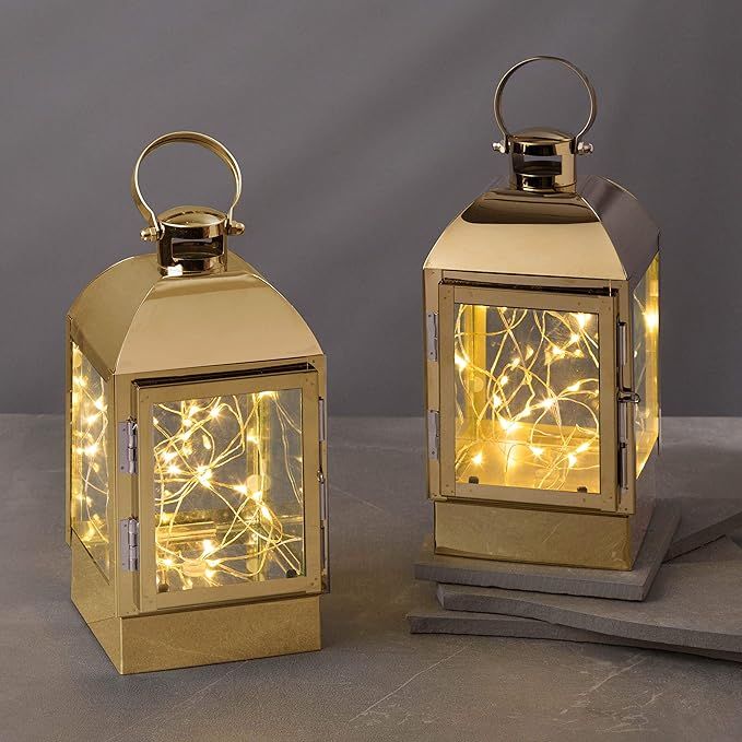Decorative Lantern with Fairy Lights - Gold Metal, 8 Inch, Battery Operated, 30 Warm White LED Li... | Amazon (US)