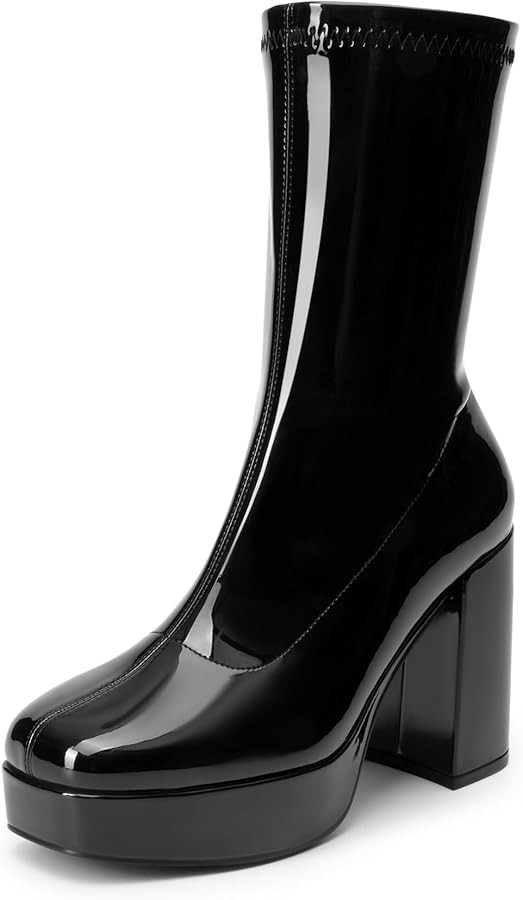 DREAM PAIRS Women's Mid Calf Gogo Boots Platform High Chunky Block Heel Square Toe Ankle Boots | Amazon (US)