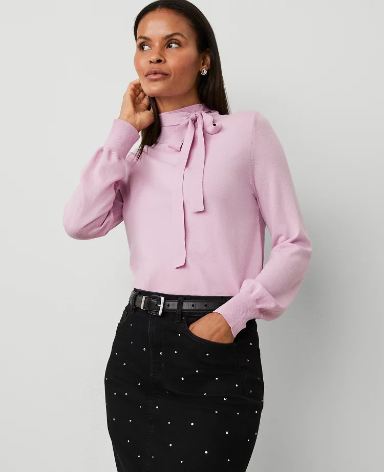 Tie Neck Puff Sleeve Sweater | Ann Taylor (US)