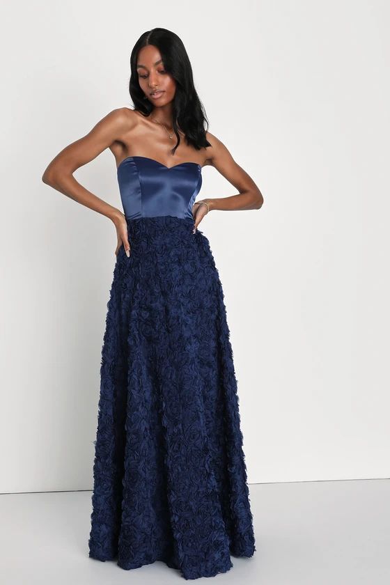 Enchanting Event Navy Blue Strapless 3D Applique Maxi Dress | Lulus (US)