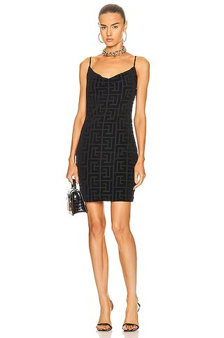 BALMAIN Monogram Velvet Mini Dress in Noir & Noir | FWRD | FWRD 