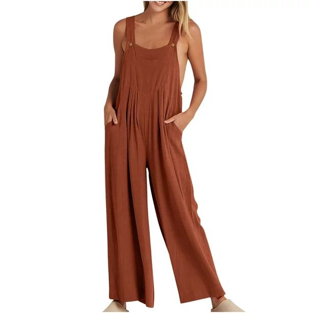 Women's Cotton Linen Bib Overalls Wide Leg Pants Rompers Summer Loose Fit Strap Jumpsuits with Po... | Walmart (US)