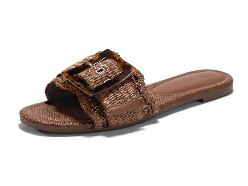 Coutgo Womens Flat Sandals Raffia Slip On Slide Sandal Square Open Toe Buckle Summer Beach Shoes Flats, Brown, Size 10 | Amazon (US)