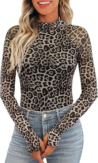 Women's Floral Mesh Long Sleeve Tops - Sheer Lace Mockneck Layering Shirt, Fashion Autumn Leopard... | Amazon (US)