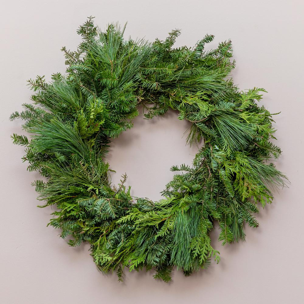 24 in. Live Wreath, Fresh Cut Mixed Greens, Holiday Decor | The Home Depot