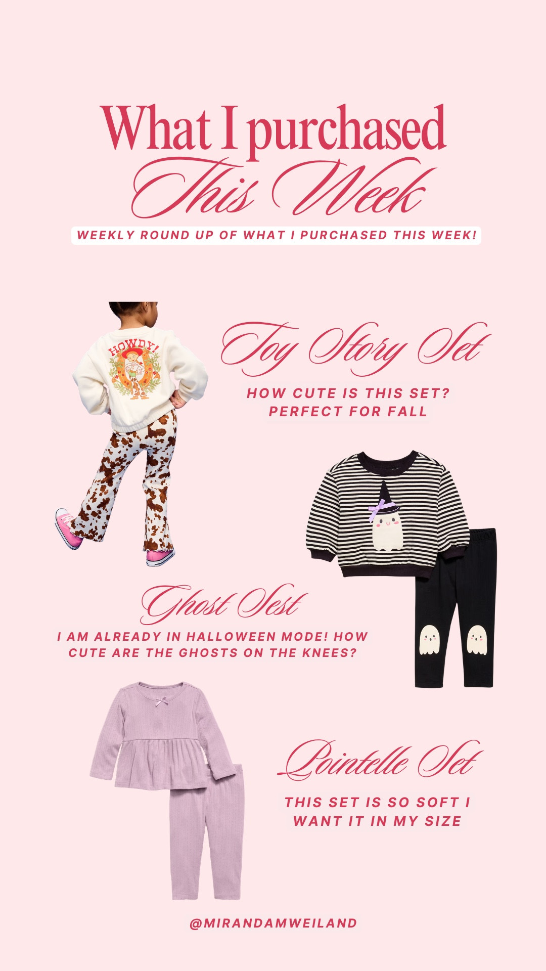 What I purchased this week! The cutest fall outfits for baby girl. The pointelle toddler set is so soft! Love this ghost sweatshirt and matching leggings. Then this Toy Story set is so adorable.

#LTKKids #LTKBaby