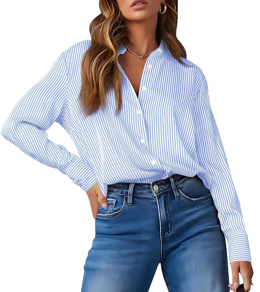 OMSJ Women's Striped Button Down Shirts Casual Long Sleeve Stylish Collared Office Work Blouses T... | Amazon (US)