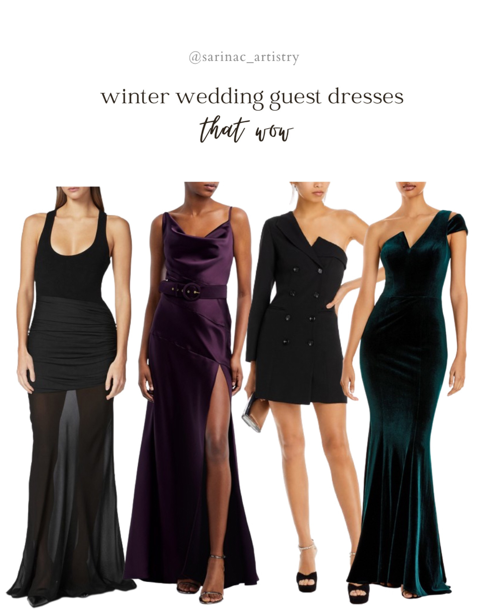 Winter wedding guest dresses. I love a regal colors like a deep purple satin or emerald green velvet dress.

These black dresses are also so stunning. 

#LTKparties #LTKsalealert #LTKSeasonal
