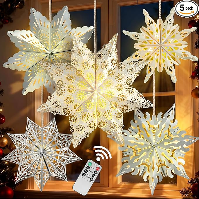 5 Pcs Christmas Paper Snowflake Lanterns, Large 3D Christmas Paper Star Lanterns with LED Lights,... | Amazon (US)