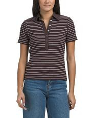 Short Sleeve Split Neck Half Button Stripe Mixed Media Top | TJ Maxx