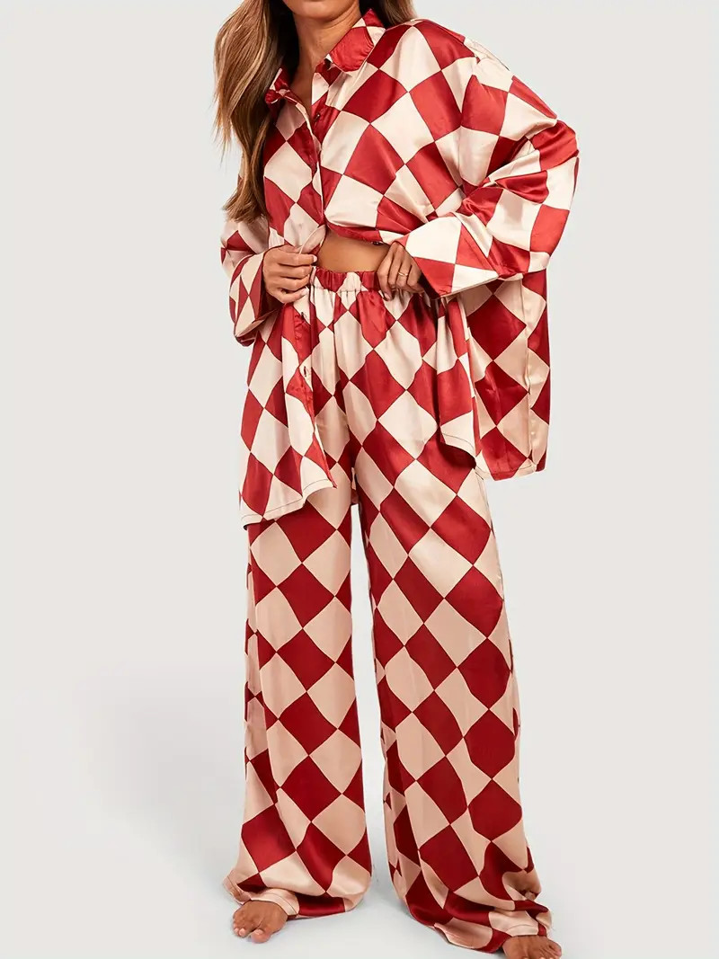 Local warehouseWomen's Checkerboard Print Loungewear Set Long Sleeve Lapel Button Down Tops Long ... | Temu Affiliate Program