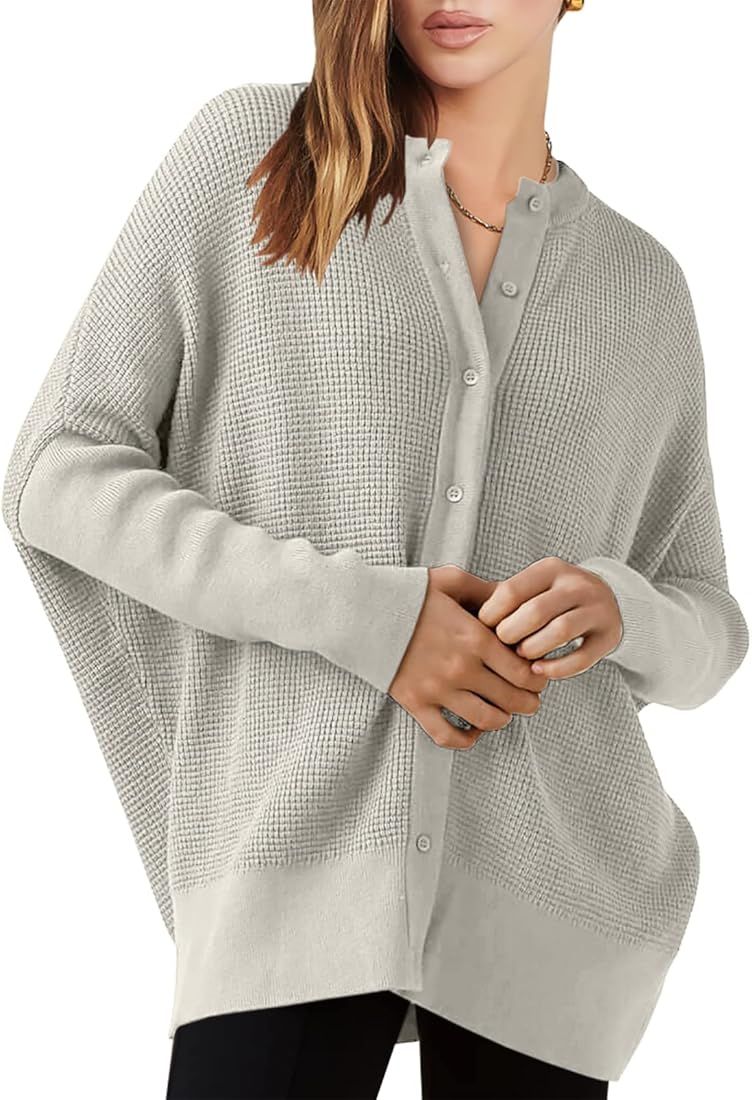 ANRABESS Women’s Long Sleeve Waffle Knit Sweater Button Down Open Front Casual Cardigan & Detached T | Amazon (US)