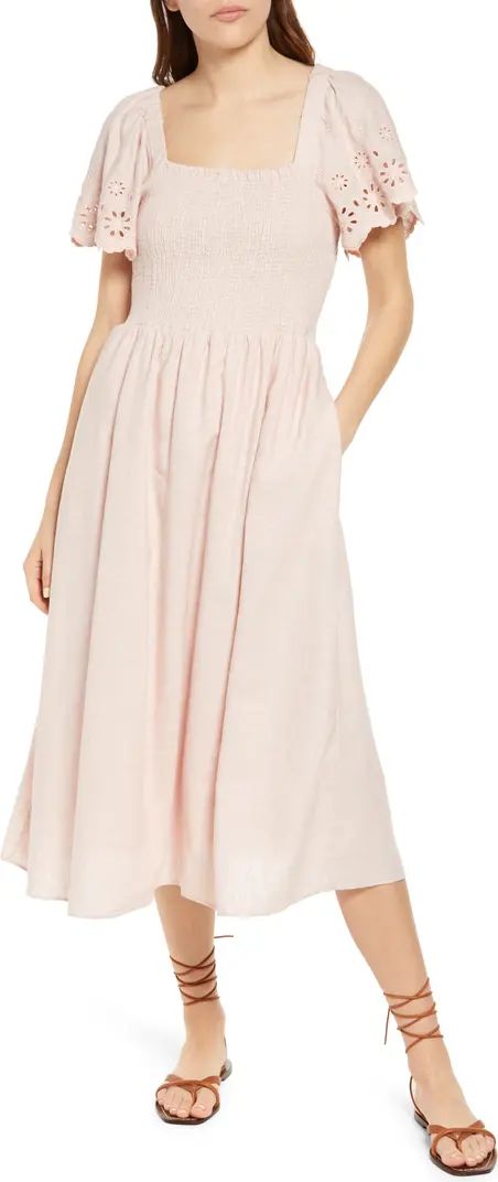 Madewell Lucie Eyelet Sleeve Smocked Linen Blend Midi Dress | Nordstrom | Nordstrom
