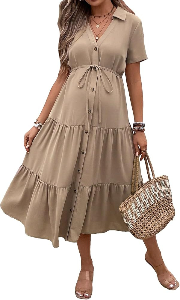 Women's Maternity Solid Collar Neck Short Sleeve Ruffle Hem Belted Shirt Dress Button Front High ... | Amazon (US)