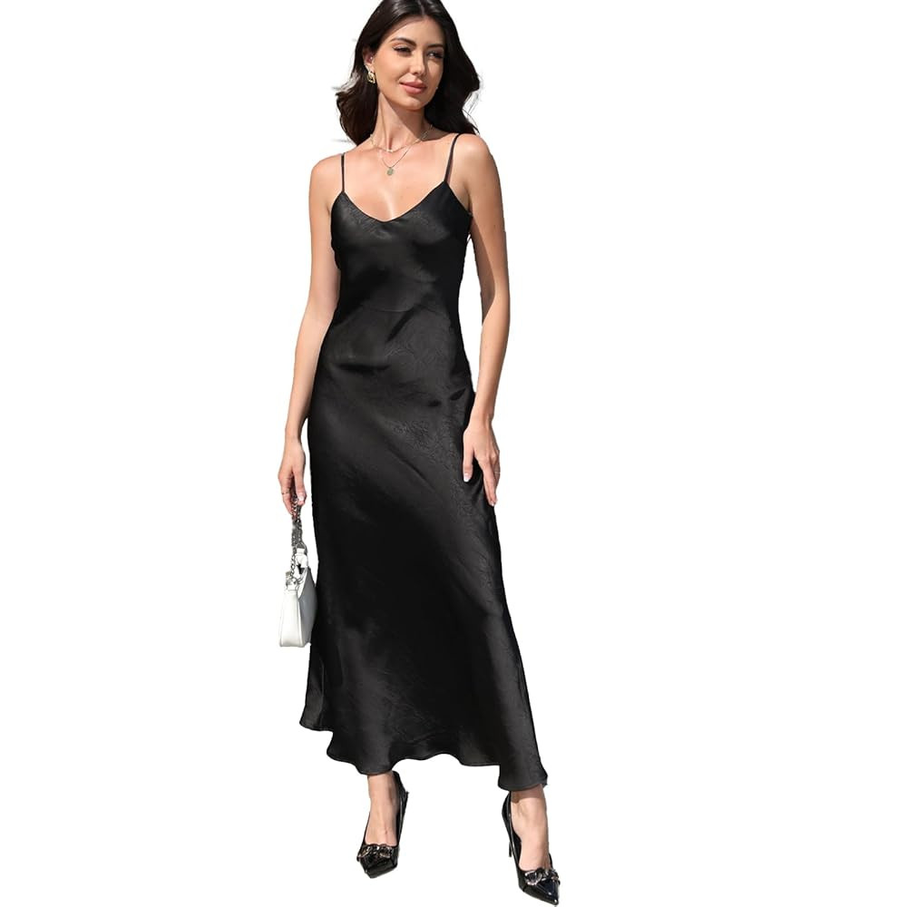 V neck Bias Cut Premium Satin Adjustable Strap Slip Maxi Dress | Amazon (US)