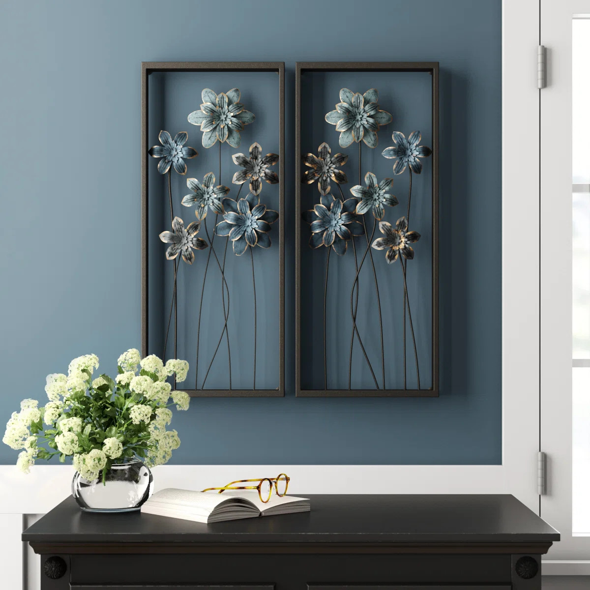 Metal Floral Home Wall Decor with Black Frames and Gold Accents (Set of 2) | Wayfair North America