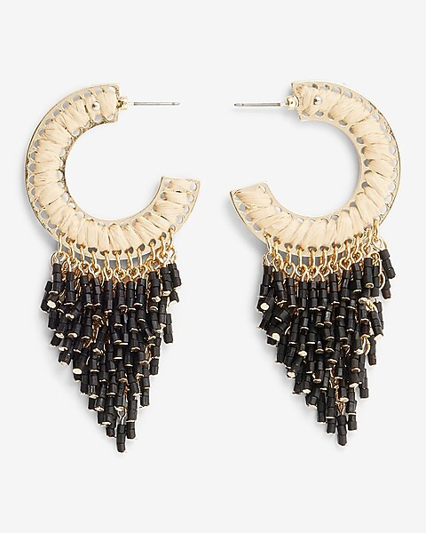 Woven Beaded Fringe Hoop Earrings | Express