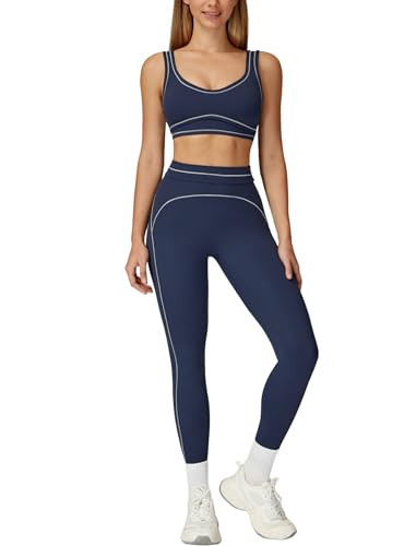 Womens Workout Sets Two Piece U Back Color Block Crop Tank Sports Bra Matching Tummy Control Leggings 2 Piece for Women Gym Yoga Active Wear Pilates Outfits Athletic Work Out Set Dark Blue XS | Amazon (US)