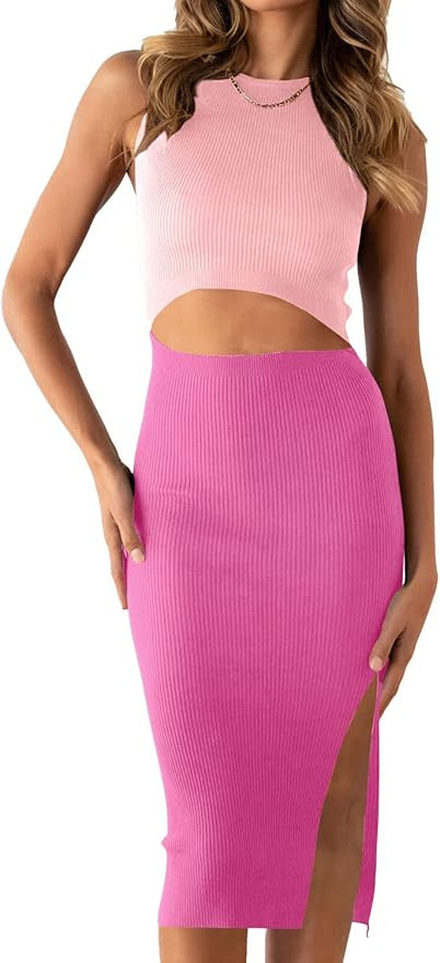 PRETTYGARDEN Women's Summer Midi Bodycon Dresses Casual Crew Neck Side Slit Sleeveless Knit Cut O... | Amazon (US)