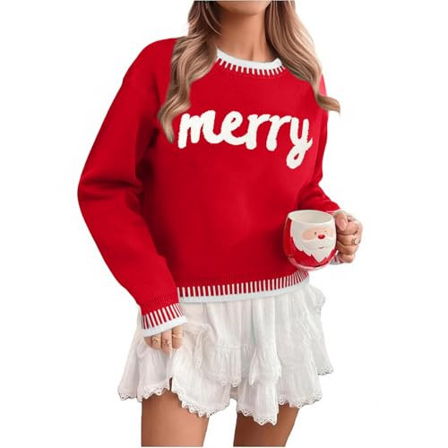 LUKYCILD Christmas Sweaters for Women Merry Sweatshirt Ugly Christmas Sweater Rib-Knit Holiday Sweatshirts Xmas Pullover Tops Red | Amazon (US)