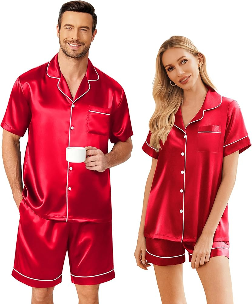 Ekouaer Couple Matching Pajamas Sets Silk Short Sleeve Button Down Sleepwear Satin Pjs Shorts Set... | Amazon (US)