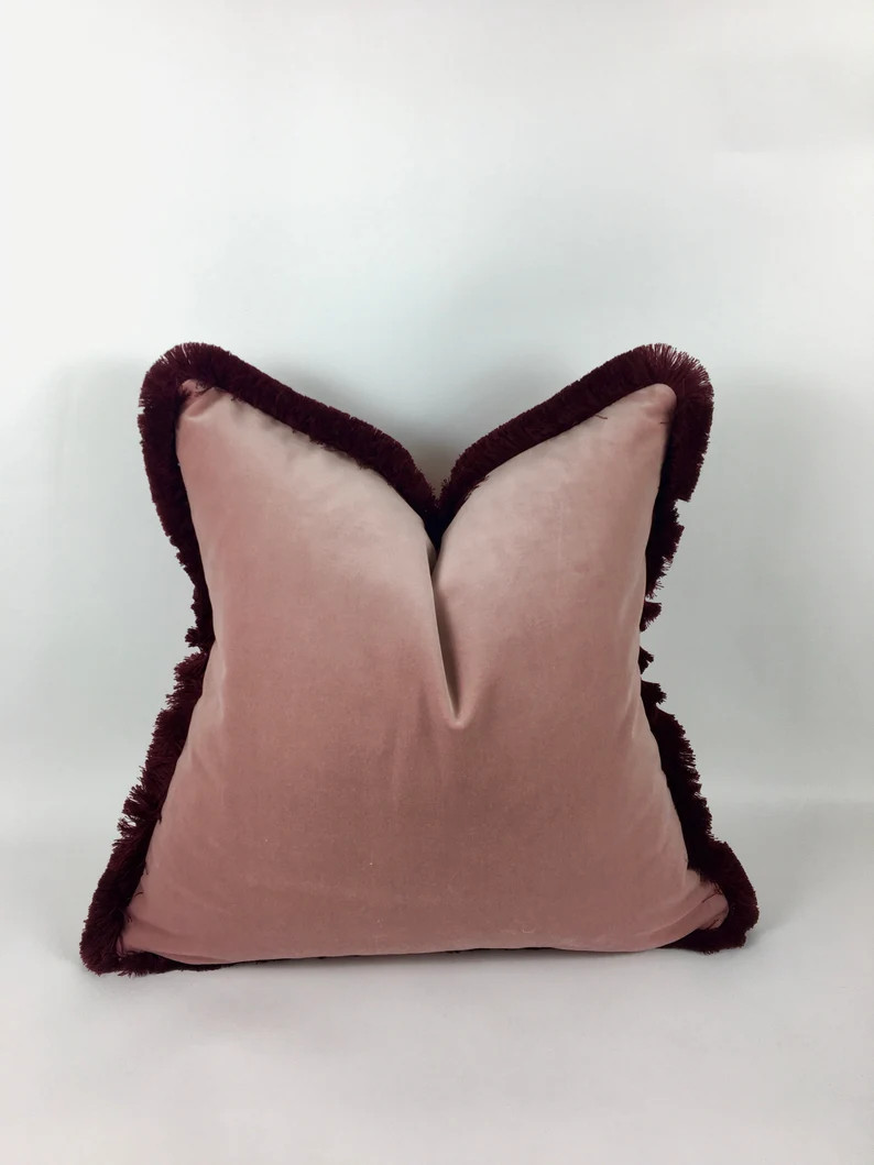 Dusty Pink With Burgundy Fringe Pillow // Dusty Pink Velvet Cushion // Pink Cushion With Brush Fr... | Etsy (US)