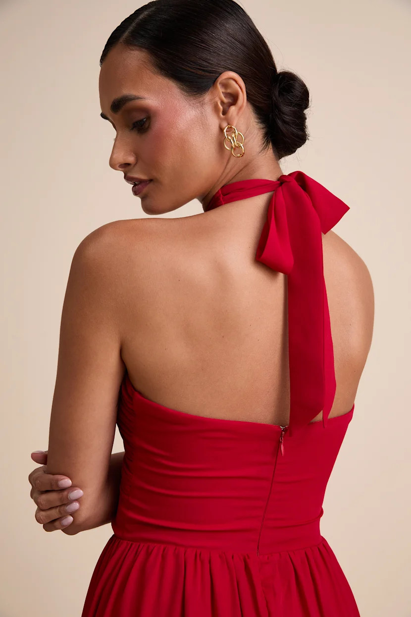 Emrah Red Cross-Front Cutout Halter Midi Dress | Lulus