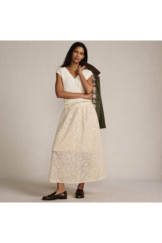 Women's Sequin Lace Mid Rise Midi Skirt - Lands' End - Pink - L | Lands' End (US)